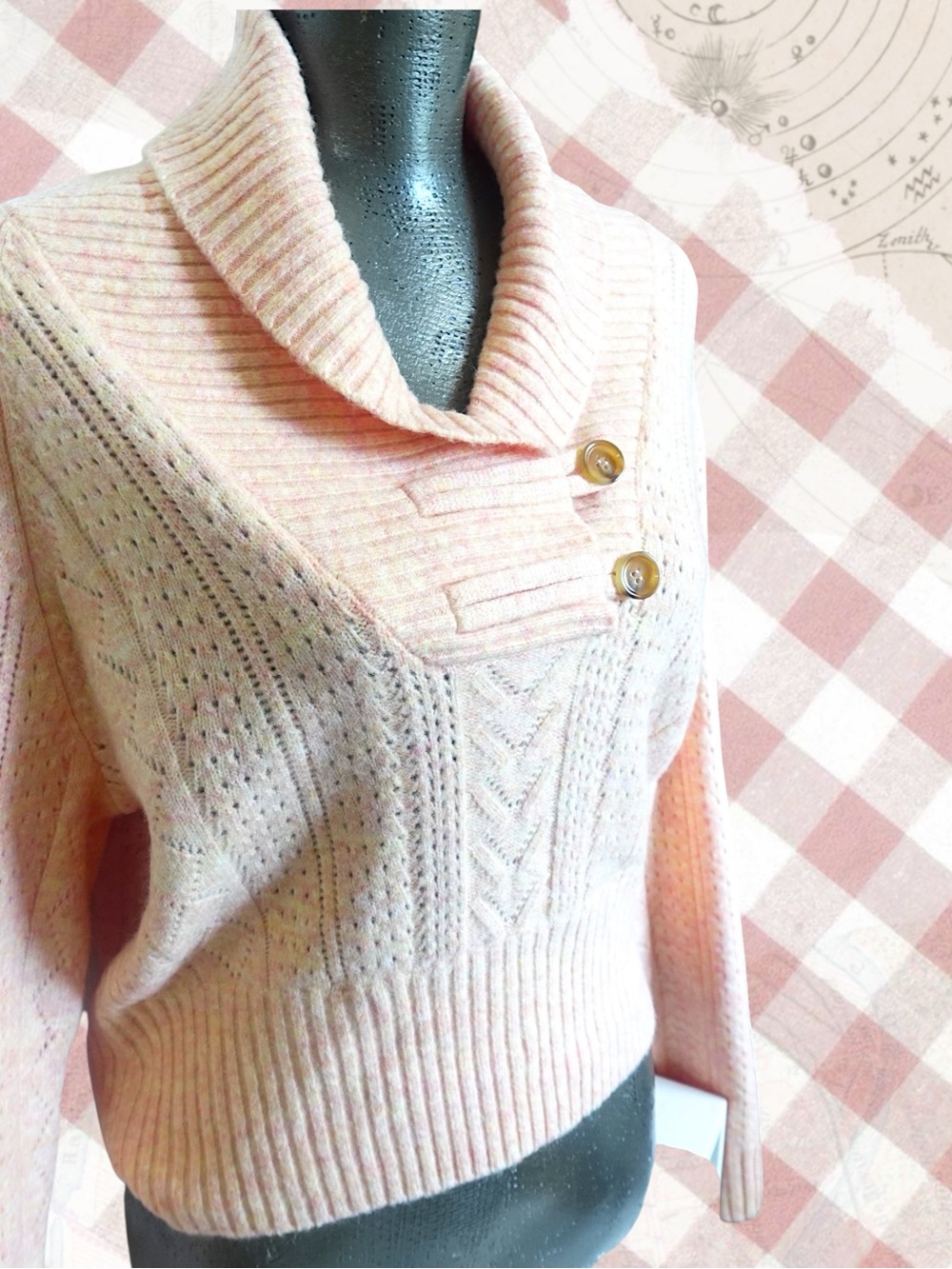 Central Park West Pale Pink Cowl Neck Button Sweater